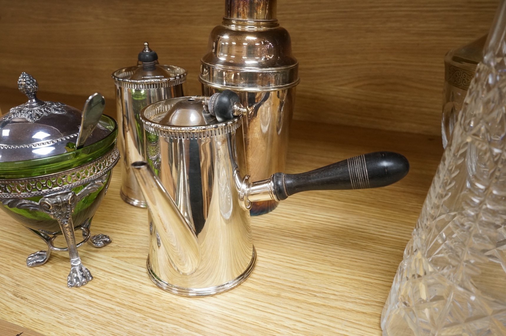 A Moser crystal glass decanter and stopper with gilt decoration and selection of plated items, largest 32cm high